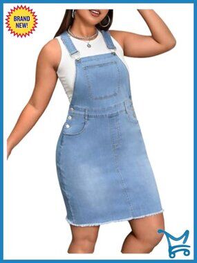 Plus Size Denim Overall Dress Raw Hem Sleeveless Pinafore with Pockets